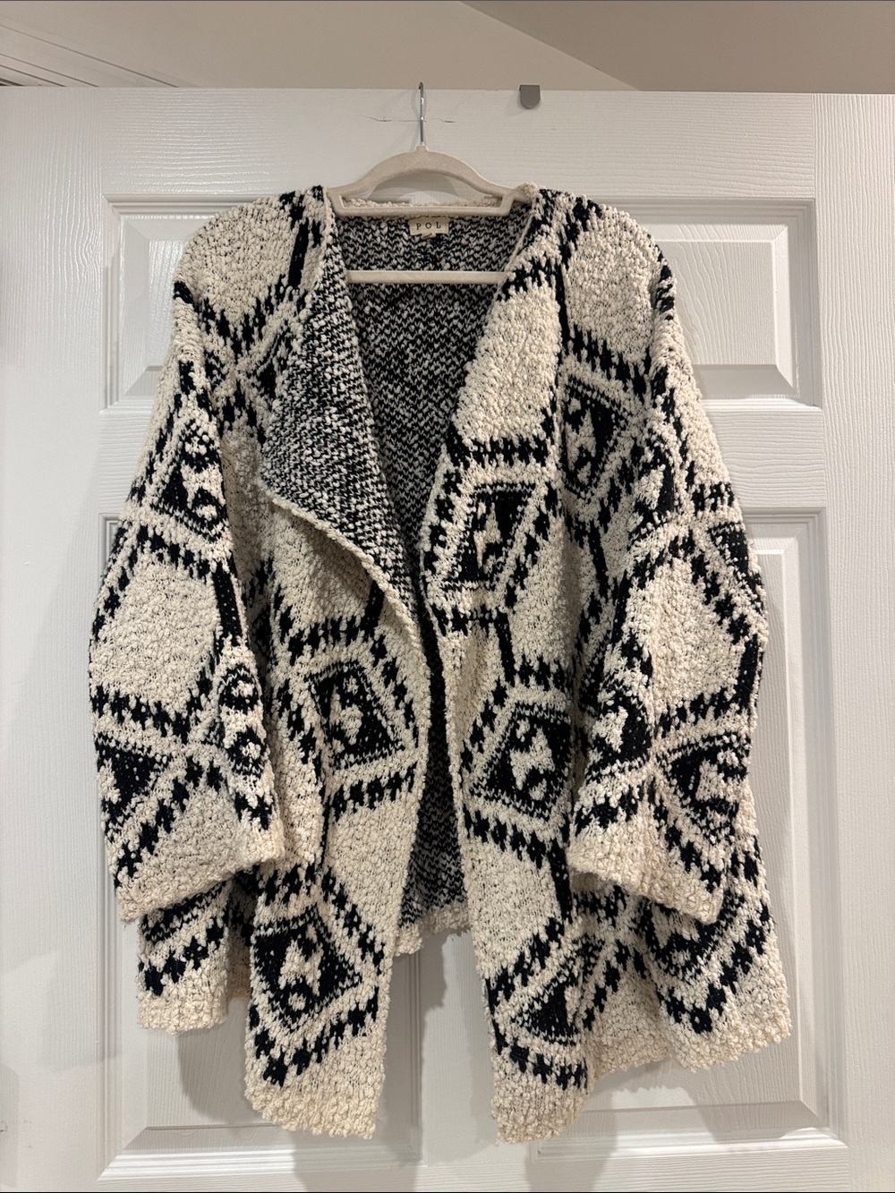 POL Black & Cream Geometric Open Knit Cardigan